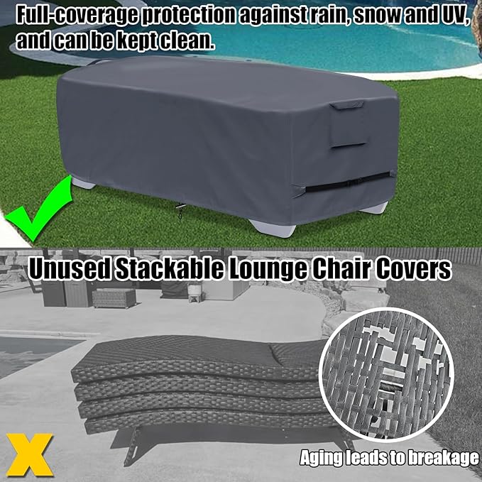 Outdoor Chaise Lounge Cover for 4-6 Stackable Patio Chaise Lounge Chairs, Waterproof, Durable Polyester Fabric 80 x 32 x 40 Inch Pool Lounge Chair Covers for Winter Storage (Grey)