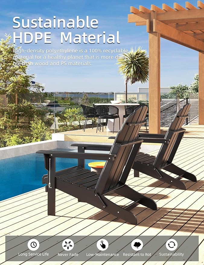 Folding Adirondack Chair - Durable HDPE Poly Lumber All-Weather Resistant, Foldable Oversized Balcony Porch Patio Outdoor Chair for Lawn, Backyard, Deck, Garden, Camping - Easy Installation, Black