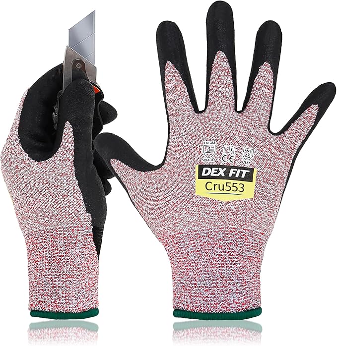 DEX FIT Level 5 Cut Resistant Gloves Cru553, 3D-Comfort Fit, Firm Grip, Thin & Lightweight, Touch-Screen Compatible, Durable, Breathable & Cool, Machine Washable; Red M (8) 1 Pair