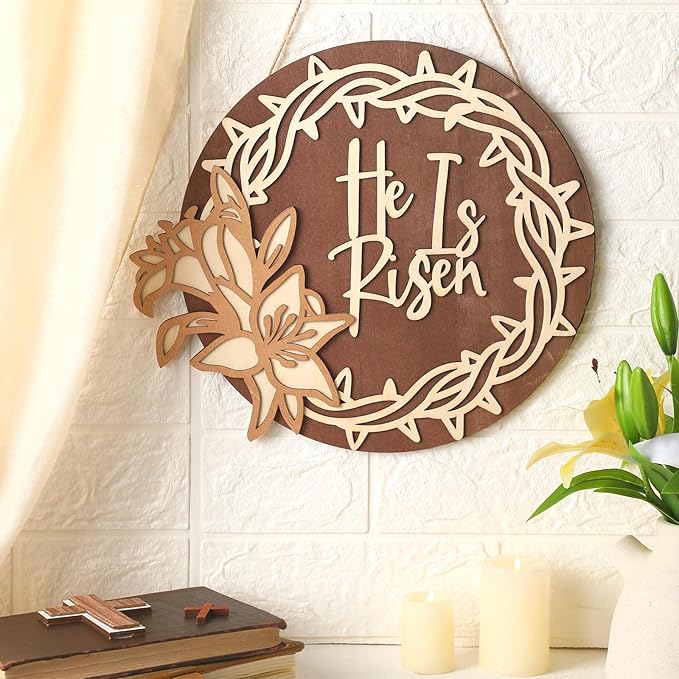 Juexica Easter Cross Door Sign Easter Wall Hanging Decor He is Risen Decorations Religious Wood Hanger for Front Door Front Porch Home Indoor Outdoor Spring Pediments