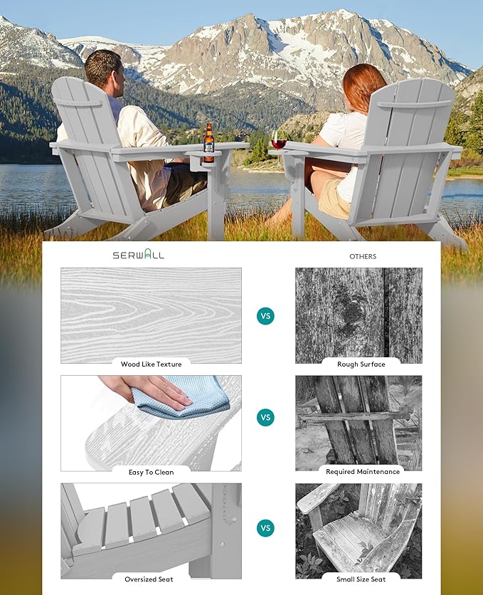 SERWALL Adirondack Chair with Cup Holders - Composite Adirondack Chairs Set of 6 HDPE Outdoor Chairs All Weather Use- Silver Gray