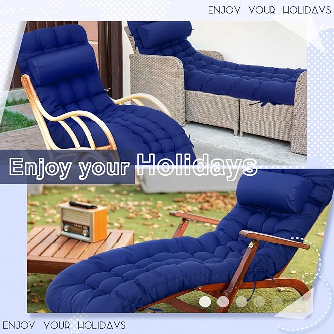 Tudomro 1 Pcs Blue 66'' Outdoor Chaise Lounge Cushion Waterproof Patio Lawn Pool Chaise Lounge Cushion with Headrest Pillow & Ties Weather Fade Resistant Replacement Longue Chair Pad