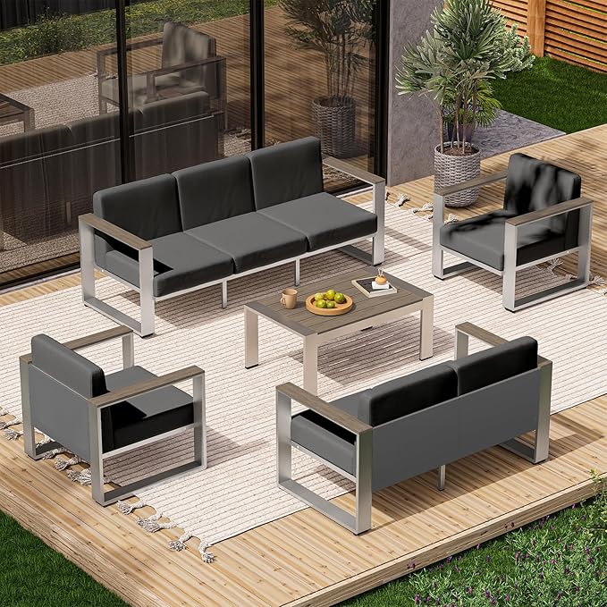 2 Pieces Outdoor Aluminum Armchair, Modern Patio Patio Furniture with Wide Seat and Thick Cushions, All-Weather Oversized Couch for Deck, Porch