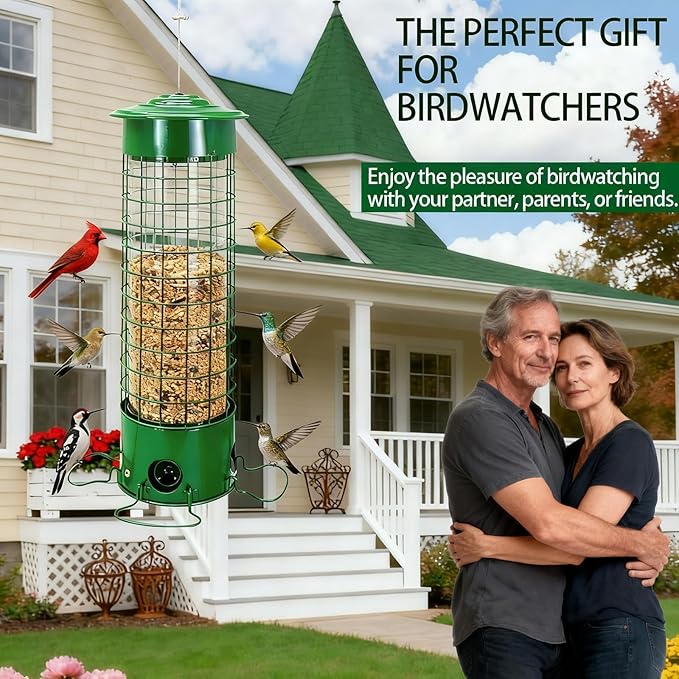 Squirrel-Proof Outdoor Bird Feeder Weight-Activated Squirrel-Proof Bird Feeder 33.5 inches Tall Wide-Mouth Design Green (Green)