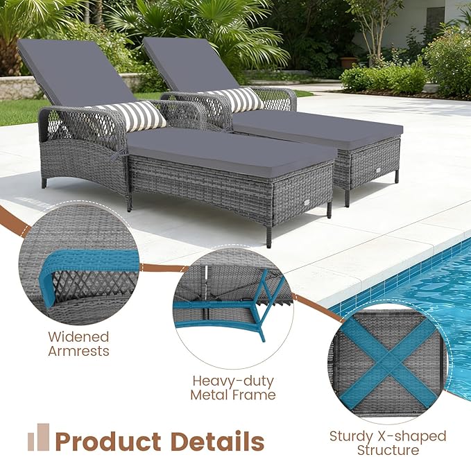 Tangkula Wicker Chaise Lounge Outdoor Set of 2, Patio Rattan Reclining Chaise with 6-Gear Adjustable Backrest, Thick Padded Cushion & Removable Lumbar Pillow, Pool Lounge Chairs (Grey)