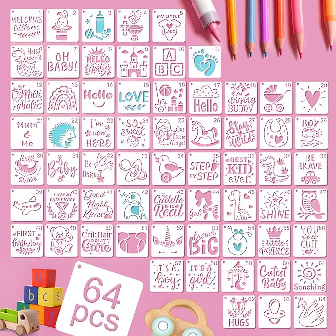 Baby Shower Stencils for Painting, 64PCS 3x3 Inch Plastic Stencils for Crafts Reusable, with Animals, Stars, Moons & Baby Designs, for Nursery Decor, Baby Shower Gifts & Kids Room