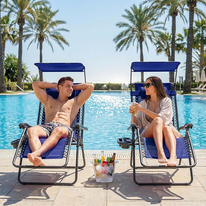 Magshion Zero Gravity Chair with Canopy Set of 2, Reclining Outdoor Patio Lounge Chair, Folding Anti Gravity Recliner, Portable Lounger with Removable Cup Holder Side Tray and Pillow Headrest (Blue)