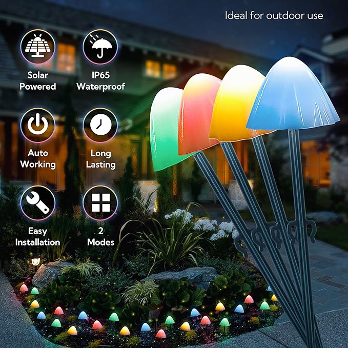 Set of 12pcs Mushroom Solar Garden Lights,2 Modes 14.5ft Solar Powered Mushroom Night String Lights Waterproof for Outdoor Pathway Garden Lawn Party Christmas Decor (Multicolor)