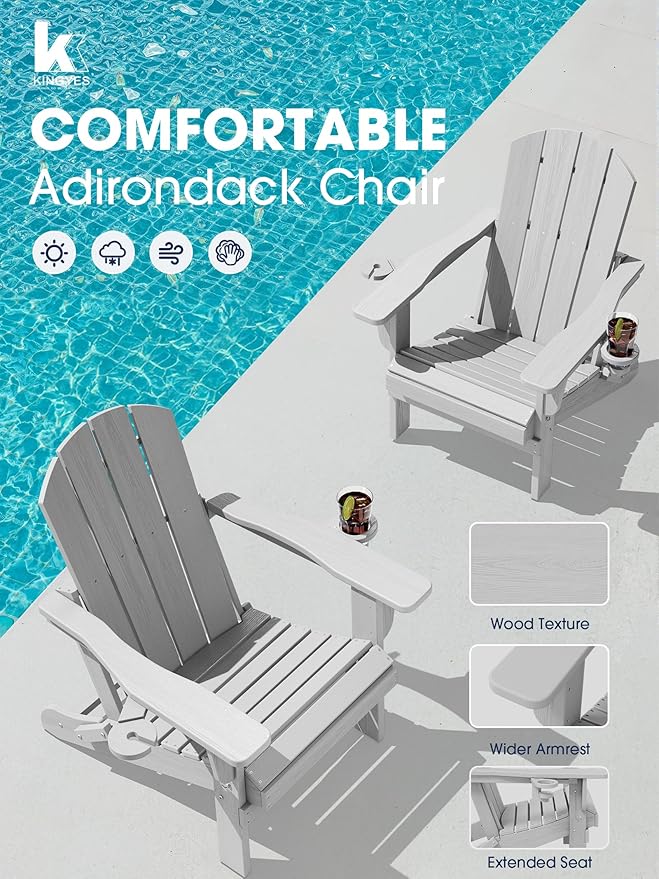 KINGYES Folding Adirondack Chair with Dual Cup Holders - HDPE All-Weather Outdoor Chairs, Wood-Like Patio Chair for Backyard, Camping, Pool & Fire Pit, Silver Grey
