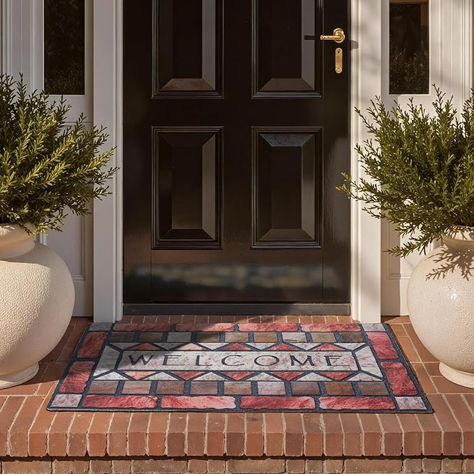 Welcome Mat Front Door Mat Indoor Outside Entrance, Absorbent Heavy Duty Doormat with Non Slip Backing Entryway Rug for Front Back Door, 17x30, Brick Print