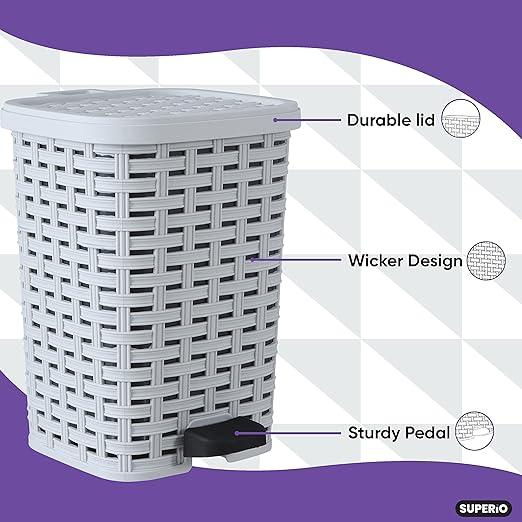 Superio Small Outdoor Trash Can with Lid for Dog Poop 1.5 Gallon/6 L Mini Plastic Garbage Can with Foot Pedal for Bathroom, Bedroom, Office, Patio, Wicker Smoke