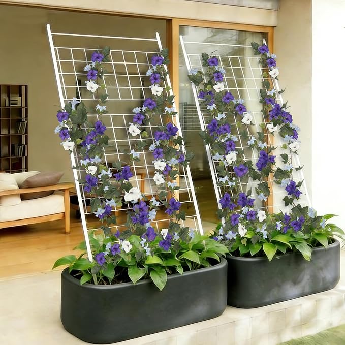 CISDUEO 2 Pcs Artificial Vines for Outdoors Silk Morning Glory Garland 11.5 Ft Hanging Flowers Plants Fake Petunias Vines for Indoor Home Decor Wall Fence Mantle Stairway Mailbox Purple Blue and White