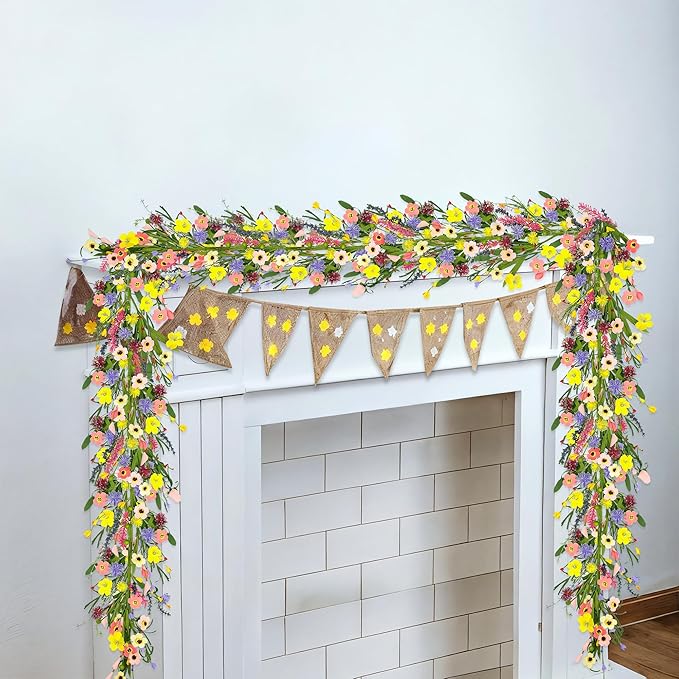 2Pcs 6 ft Artificial Wildflower Garlands Wisteria Lavender Garland Daisy Lavender Faux Floral Vine Summer Spring Floral Fake Wreath All Year Round Home Decor for Indoor Outdoor Home Wedding Arch