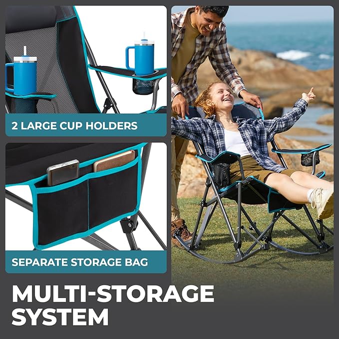 FUNDANGO Oversized Rocking Camping Chair for Adults, Portable Folding Lawn Chairs for Outside with Pillows, Wide Armrest, 2 Cup Holders, Carry Bag for Patio Garden Outdoor Supports 300Lbs (Black/Blue)