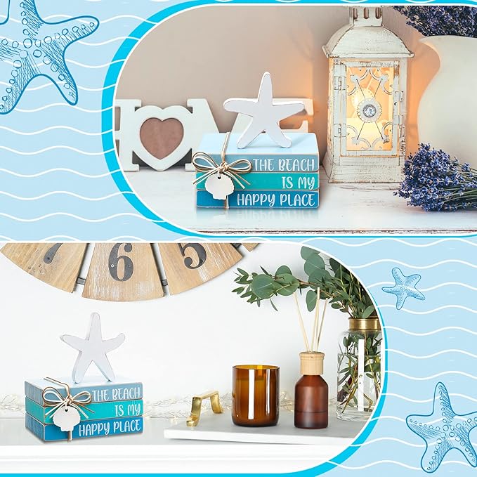 Pinkunn 4 Pcs Beach Table Decor Starfish Seashell Coastal Wooden Block Sign Centerpiece Rustic Nautical Decorative Signs & Plaques for Home Office Desk Shelf Farmhouse Home Living Room(Starfish Shell)