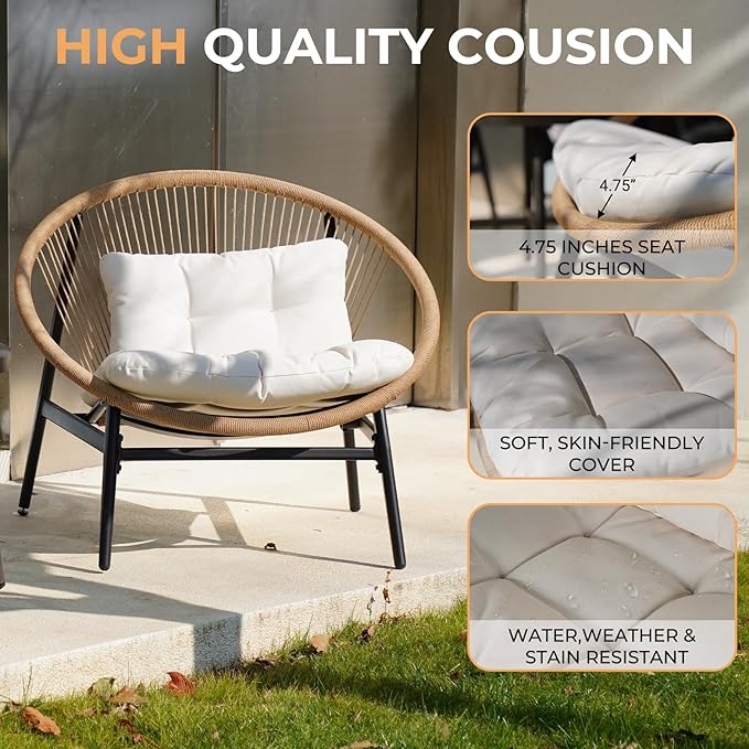 Grand patio 3-Piece Outdoor Furniture Set, Wicker Oversized Patio Chairs with Side Table & Thick 4.75" Cushions for Backyard, Garden, Deck