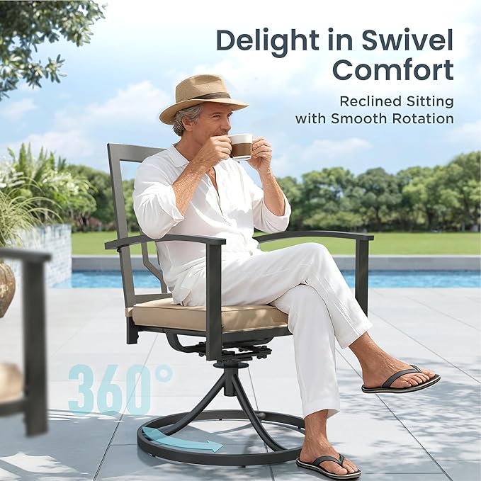 PHI VILLA 3 Piece Outdoor Bistro Set for 2, Metal Steel Round Table & Swivel Wrought Iron Chairs with Cushions, Small Furniture Conversation Set for Patio, Porch, Deck, Balcony