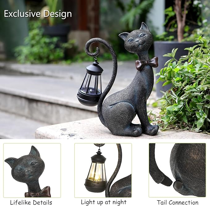 Whimsical Outdoor Cat Statues with Solar Garden Light:Cat Garden Statues for Outside Fall Decor Clearance,Outdoor Figurine for Yard Art Lawn Ornaments Patio Balcony Home House - Birthday Gifts for mom