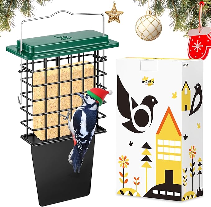 iBorn Suet Feeder with Tail Prop,Woodpecker Feeder,Suet Feeders for Outside Hanging,Suet Bird Feeders for Outdoors,Heavy-Duty Suet Cage,Suet Holder,Rainproof Roof,Easy Clean and Refill,1 Pack,Green