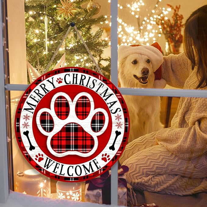 Christmas Dog Paw Welcome Door Sign for Front Door Decor, Pet Red Plaid Wooden Hanging Plaque Farmhouse Rustic Outdoor Indoor Wall Decoration for Home Porch Yard Winter