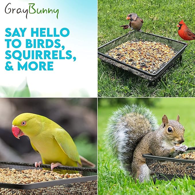 Gray Bunny Ground Bird Feeder Tray - Metal Platform Mesh Seed Tray for Standing Bird Feeders - Great Attracting Garden Yard Decoration for Wild Birds Squirrels Dove Cardinal Blue Jay Crows (11x11in)