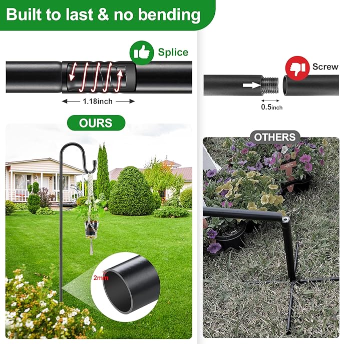 92" Tall Bird Feeder Pole with Shepherds Hook - Heavy Duty Rustproof Stand for Hummingbird Feeders,Wind Chimes,String Lights - Outdoor Garden Decor Hanger, Black