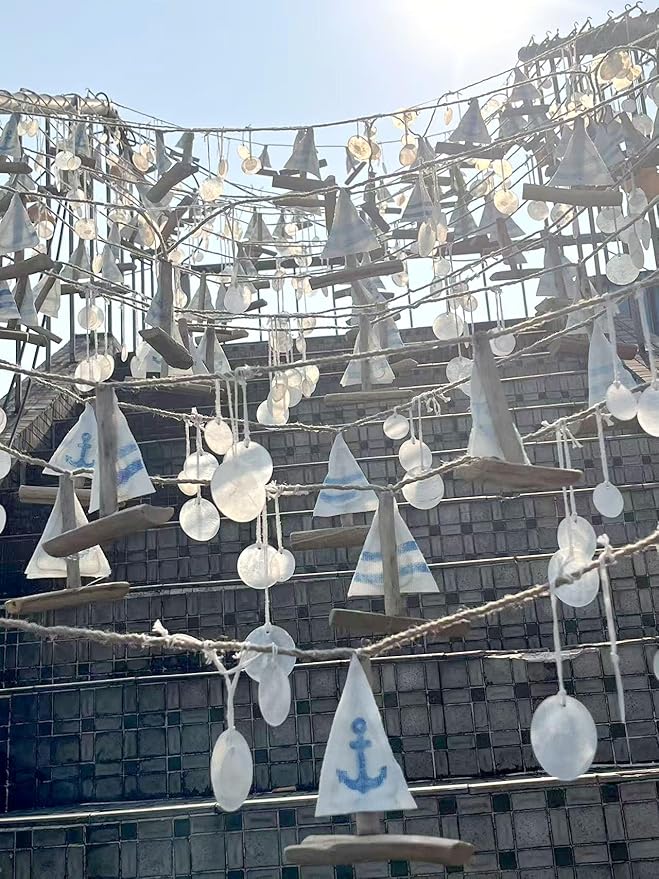 Nautical Decor Sailboat Ocean Light with Capiz Wind Chimes - 6.5FT 70LED Beach Garland with Lights Battery Operated with Remote for Coastal Room Beach Decor