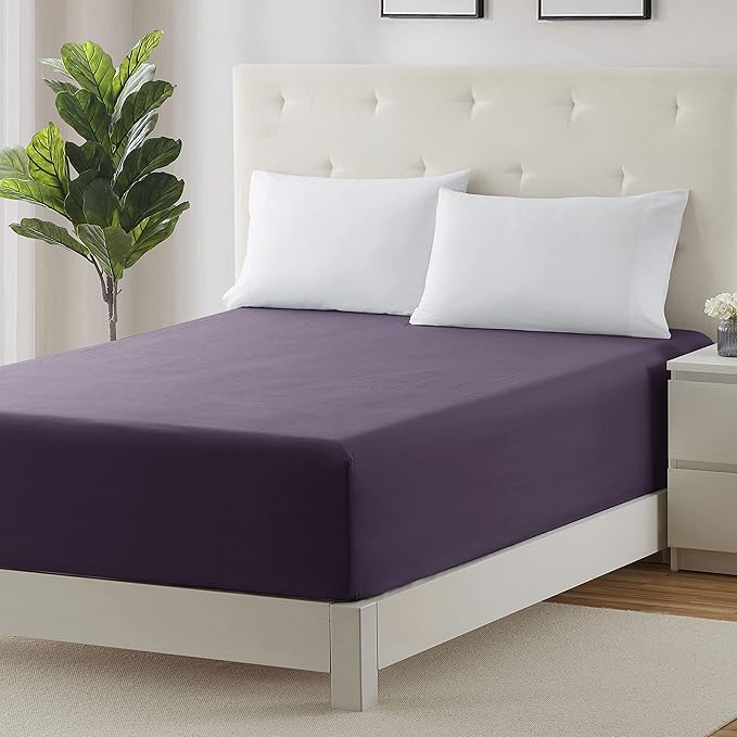 Clara Clark Fitted Sheet, Extra Deep Pocket Fits Deep Mattress, Luxury Soft Fitted Sheet Only, King - Extra Deep Purple Eggplant