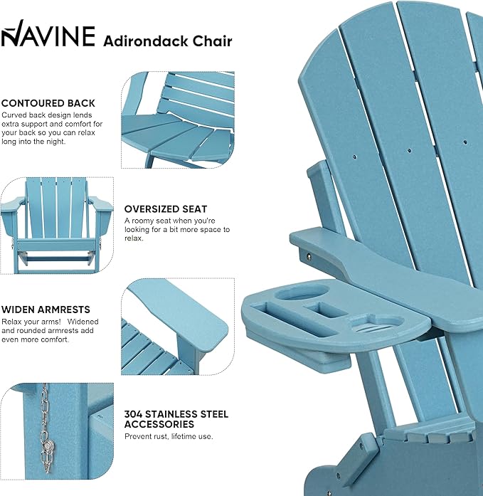 Adirondack Chair Set of 4, HDPE Folding Adirondack Chair with Multifunctional Cup Holder, Weather Resistant Fire Pit Chair for porches, patios, poolsides, Decks.
