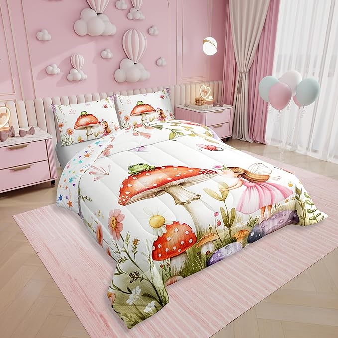 Erosebridal Fairy Garden Twin Bedding Set - Mushroom & Frog Comforter Set for Kids Girls, Butterfly Floral Forest Themed Quilt | Whimsical Fairies Bedroom Decor with 1 Pillowcase