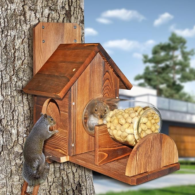 Squirrel Feeder with Ladder, Wood Squirrel Feeders for Outside, Funny Squirrel House with Nut Peanuts Storage Bottle and Corn Cob Holder, Easy to Install