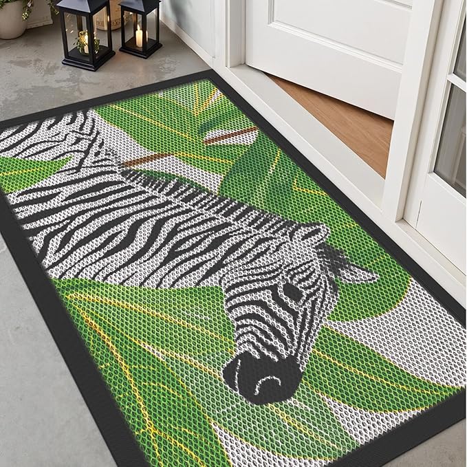 LUMI Outside Door Mat 32x47, Non Slip Rubber Backing Doormat, Low Profile Easy Clean Entrance Mats for Front Back Door Entryway Porch Garage, Zebra