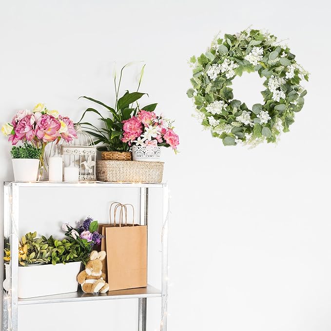 YNYLCHMX 18" Spring Summer Wreaths for Front Door, Artificial Wreath with White Flowers Grapevines Green Eucalyptus Leaves, Green Foliage Wreath for Wall Window Farmhouse Party Holiday Home Decor