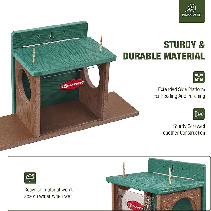 Kingsyard Squirrel Feeder Box for Outside, Recycled Plastic Squirrel Feeder Box with Corn Cob Holders, Easy to Refill & Clean, Weather-Proof Roof (Green)