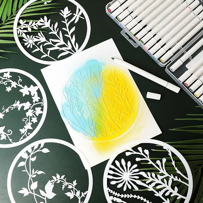 Marspark 20 Pieces Wildflower Stencils for Painting Template Flower Wall Stencils Reusable Spring Templates PET DIY Drawing for Painting on Wood Wall(Round Style)