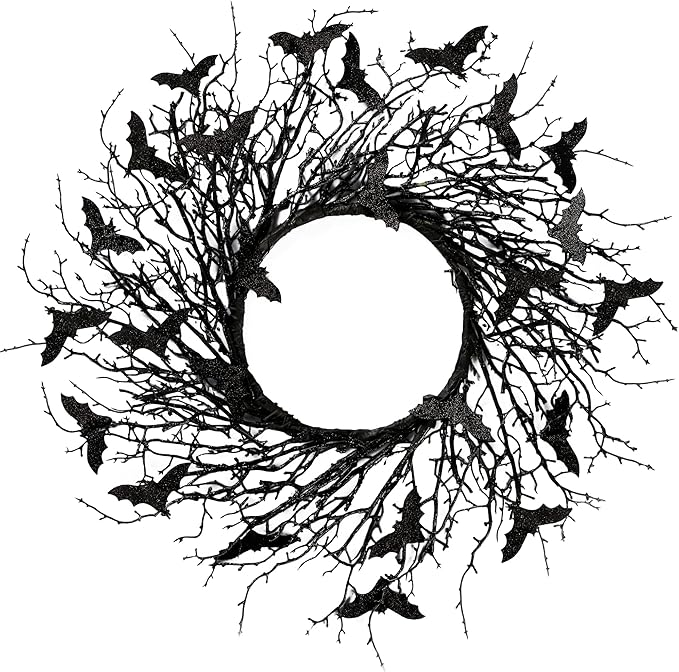 Sggvecsy 17.7"Artificial Black Twig Wreath with Glitter Bats - Handmade Sparkling Hanging Decorations for Front Door, Indoor/Outdoor Halloween Party