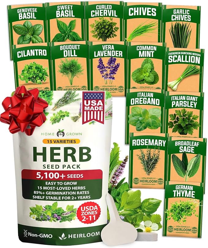 HOME GROWN 15 Herb Seeds for Planting 5,100+ Non-GMO Heirloom Seeds | Extra Large Variety Pack Herb Kit – Indoor Outdoor & Hydroponic | Culinary Seed Set | Grow Your Own Herbs | Gardening Gift