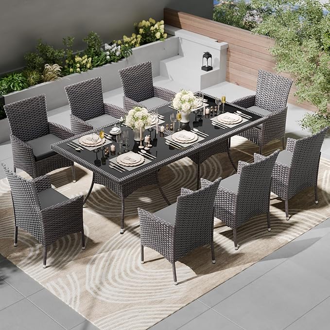 Kullavik 10-Piece Outdoor Dining Set Patio Rattan Furniture Set,Patio Dining Table and Chairs Set with 8 Chairs and Cushions,Square Glass Tabletop with Umbrella Hole for Patio,Grey