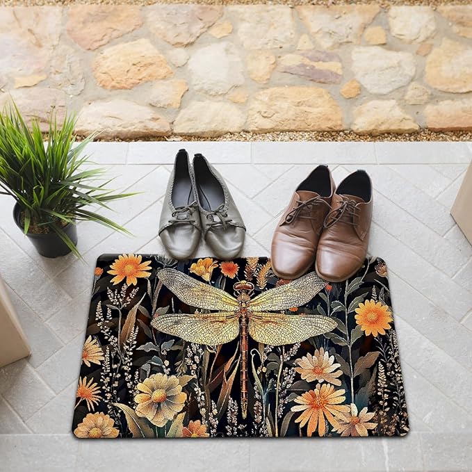 JINYO Dragonfly Floral Door Mat, Vintage Rustic Dragonfly Door Mat Indoor Outdoor Entrance Entryway Porch, Dark Cottagecore Botanical Flower Bath Mats for Bathroom, Beachy Welcome Mats, 17x30 Inch