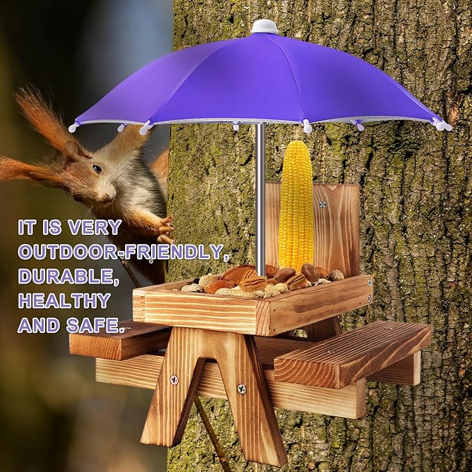 Gnodary Squirrel Feeder with Umbrella, Squirrel Feeders for Outside, Squirrel Picnic Table Feeder - Chipmunk Feeder Hold Corn, Corn Cob, Peanuts (Dark Purple)