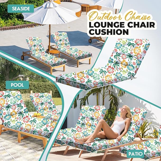 Outdoor Chaise Lounge Chair Cushion, Waterproof Non-Slip Patio Chaise Lounge Cushions for Outdoor Furniture, Thickened Patio Pool Lounge Chair Cushion, 76.4 x 22.8 x 4.7 Inches, Green Coconut