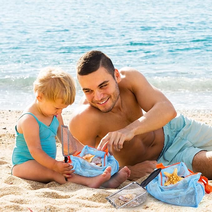 2 PCS Beach Mesh Shovel with 2 PCS Mesh Beach Bag for Filter Sand, Kids Shell Collecting Scooper for Picking Up Shells, Shark Tooth Sifter for Boys and Girls, Beach Toy