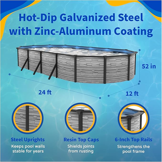 Blue Wave Montilla 12-ft x 24-ft Oval 52-in Deep Above Ground Swimming Pool – Steel Wall & Top Rails, Sand Filter, Skimmer, Liner, A-Frame Ladder & Maintenance Kit – Complete Outdoor Pool Accessories