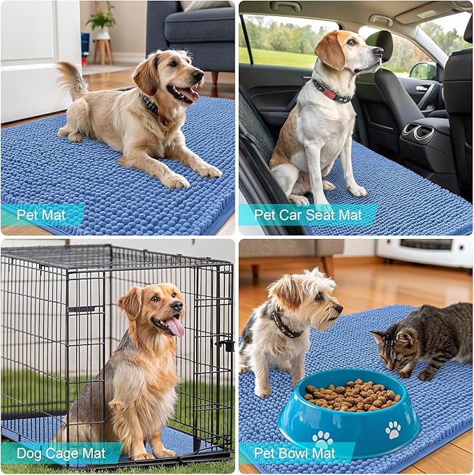 OLANLY Dog Door Mat for Muddy Paws 70x35, Absorbs Moisture and Dirt, Absorbent Non-Slip Washable Doormat, Quick Dry Chenille Mud Mat, Entry Indoor Entryway Carpet for Inside Floor, Cornflower Blue
