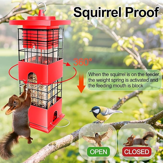Squirrel Proof Bird Feeders for Outdoors, 3 LBS Large Birdfeeders Outside Hanging, Metal Bird Feeder with 4 Feeding Ports, Weight Activated Backyard Wild Bird Feeders for Finch, Cardinal, Bluebird