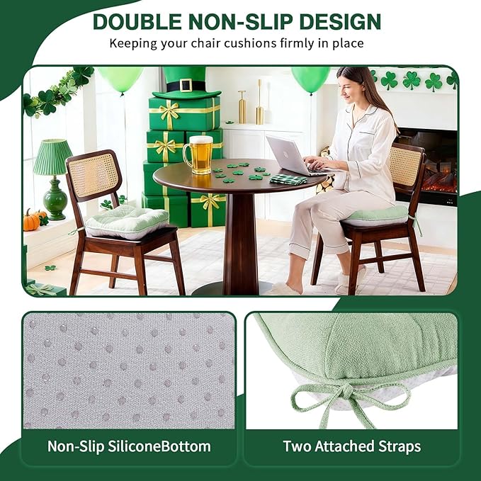 BETU Chair Cushions for Dining Chairs Set of 2,3.5" Thick Kitchen Table Chair Pads with Ties,Non Slip Backing and Covers, Home Decor Seat Cushion for Dining Room,Bar,Patio Chairs16"X16"X3.5"Sage Green