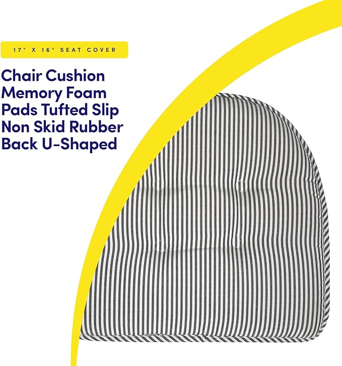 Sweet Home Collection Chair Cushion Memory Foam Pads Tufted Slip Non Skid Rubber Back U-Shaped 17" x 16" Seat Cover, 12 Count (Pack of 1), Pinstripe Charcoal