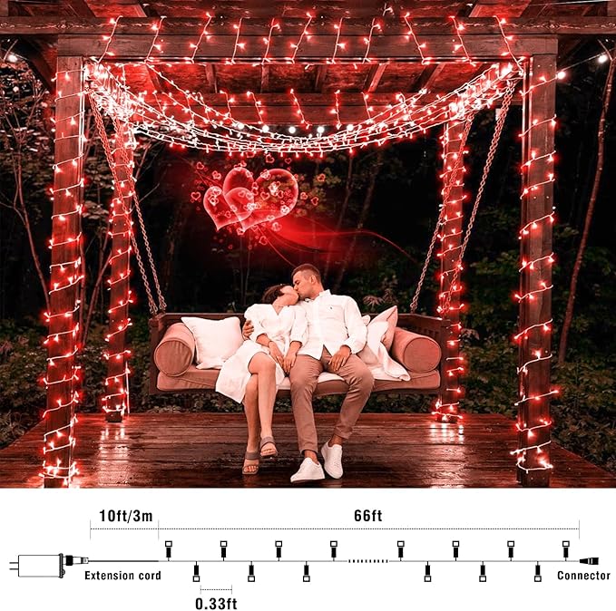 66FT 200 LED Outdoor String Lights, Connectable Valentines String Lights Waterproof with 8 Modes, Plug in Twinkle Fairy Lights Clear Wire for Indoor Bedroom Home Wedding Patio Decorations, Red
