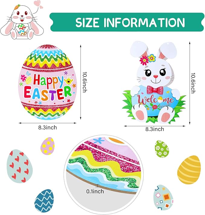 Jetec 2 Pieces Easter Door Decorations Glitter Happy Easter Egg Hunt Wooden Hanger Easter Egg Bunny Hanging Door Wall Welcome Sign for Home Indoor Outdoor Easter Decor Supplies