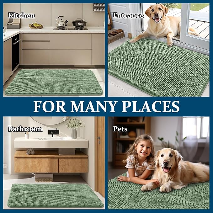 OLANLY Dog Door Mat for Muddy Paws 32x20, Absorbs Moisture and Dirt, Absorbent Non-Slip Washable Doormat, Quick Dry Chenille Mud Mat, Entry Indoor Entryway Carpet for Inside Floor, Olive Green